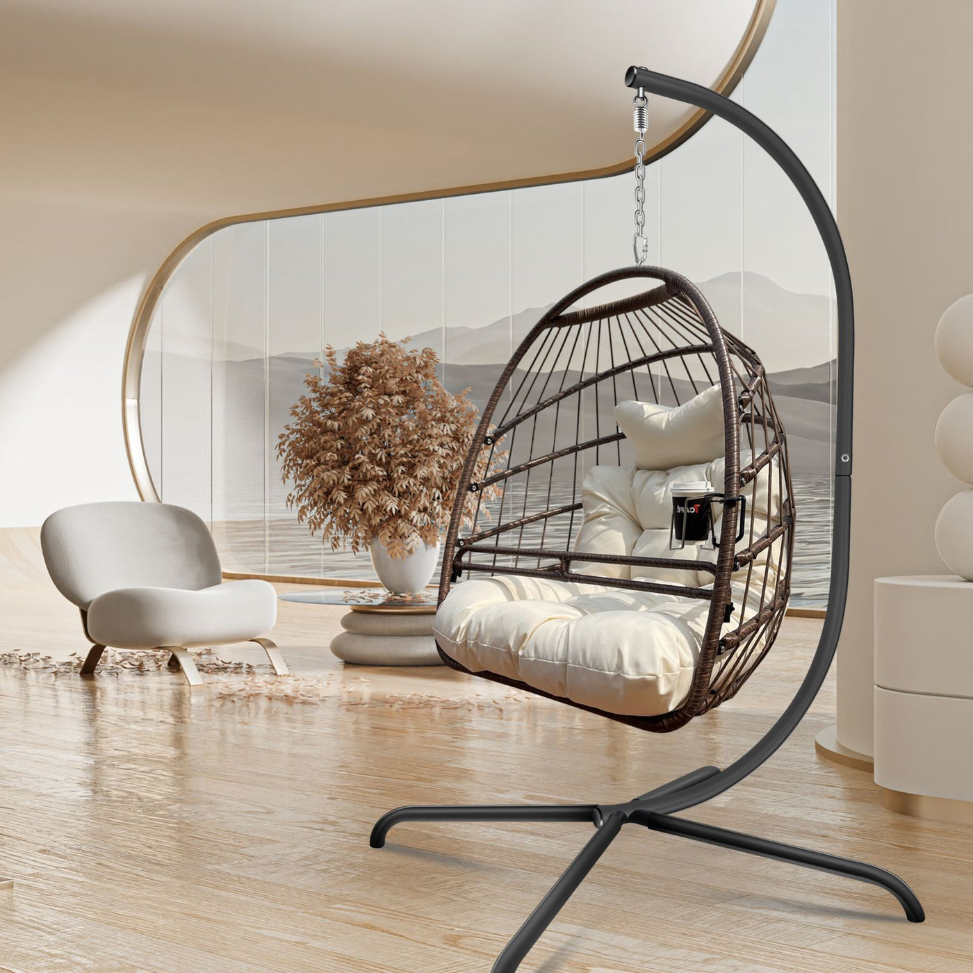 Swing Egg Hanging Chair With Guardrail And Cup Holder,