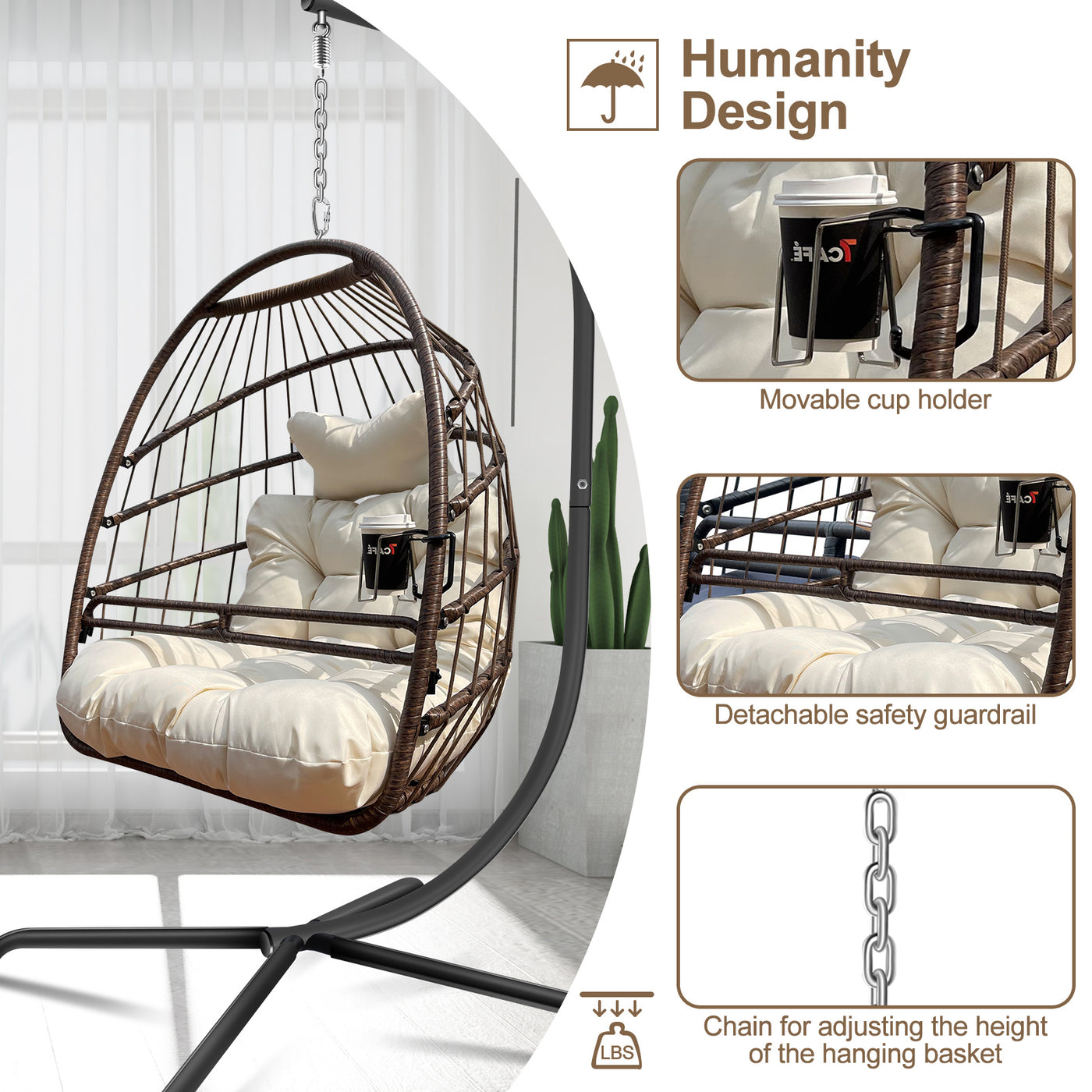 Swing Egg Hanging Chair With Guardrail And Cup Holder,