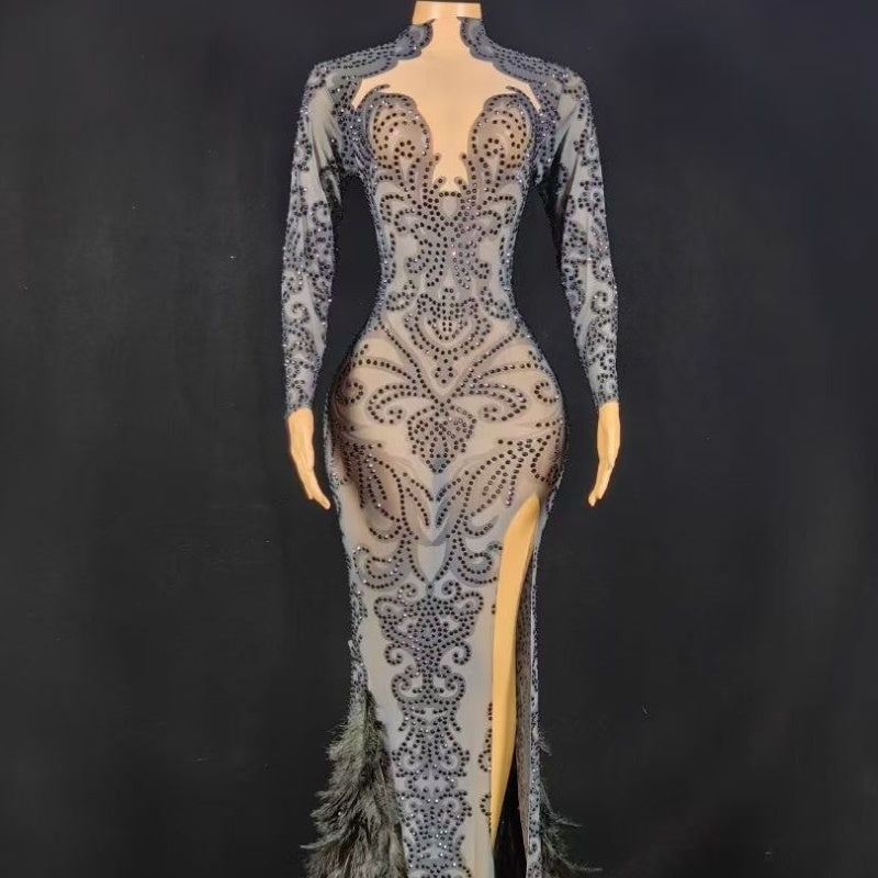 Beaded Tight Feather Long Dress