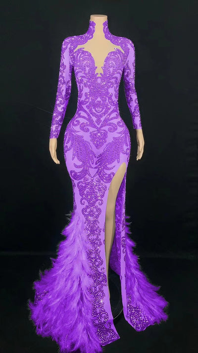 Beaded Tight Feather Long Dress