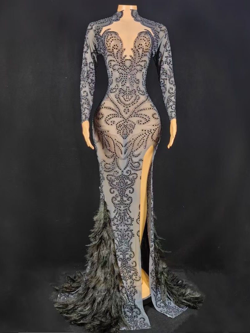 Beaded Tight Feather Long Dress